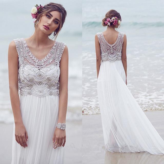 Fashion Chiffon Beading Long V-neck A Line Beach/Coast Wedding Dress,Pretty Bridal Gowns IN265