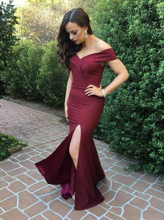 Mermaid Off-the-Shoulder Burgundy Simple Prom Dress with Split INI93