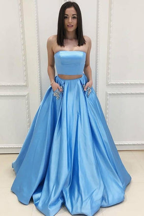 Two Piece A Line Strapless Blue Prom Dress with Pockets Beading INI94