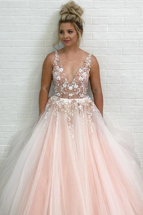 Charming A-Line V-Neck Floor-Length Pink Tulle Prom Dress with Appliques Beading INI68
