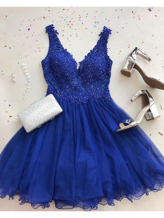 A Line V Neck Tulle Beaded Royal Blue Short Homecoming Dresses INM71