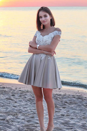 A Line Off the Shoulder White Lace Short Homecoming Dresses INM76