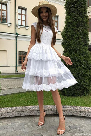 A Line White Lace Homecoming Dresses, Beautiful Short Prom Dresses INM72