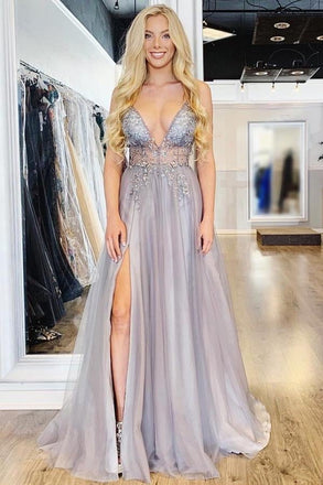 A-Line Spaghetti Straps Deep V Neck Prom Dress with Beading Split INI69