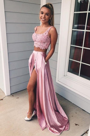 Two Piece Square A Line Pink Split Long Prom Dress with Lace Pockets INI72