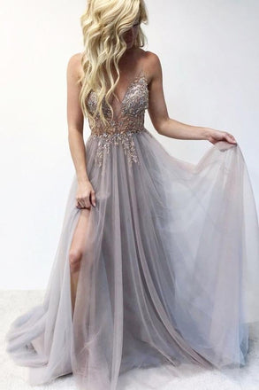 A-Line Spaghetti Straps Deep V Neck Prom Dress with Beading Split INI69