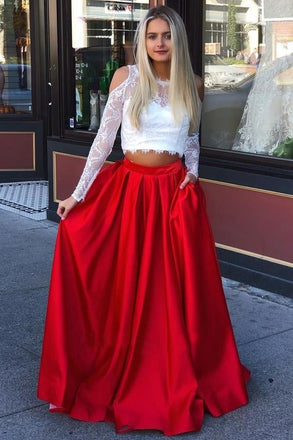 Two Piece Long Sleeves Cold Shoulder Red Long Prom Dress with White Lace Pockets INI73