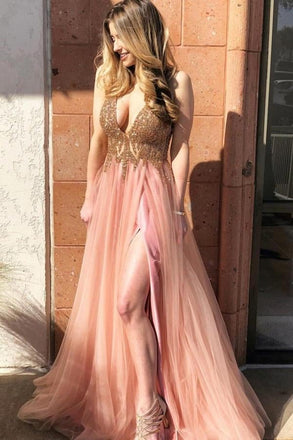 A-Line V-Neck Tulle Long Coral Prom Dress with Beading Split INI70