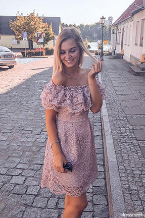 Elegant Off the Shoulder Blush Lace Short Homecoming Dresses INM73