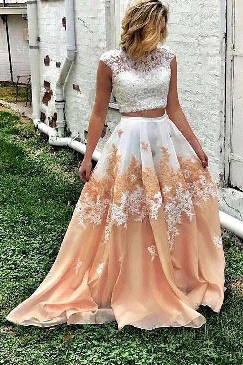 Pretty Two Piece Cap Sleeves A Line Lace Appliques Prom Dresses ING39