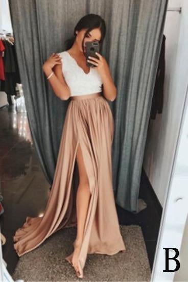 A-Line V-Neck Elastic Satin Long Split Prom Dress with Lace Top INB23
