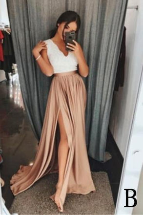 A-Line V-Neck Elastic Satin Long Split Prom Dress with Lace Top INB23