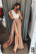 A-Line V-Neck Elastic Satin Long Split Prom Dress with Lace Top INB23