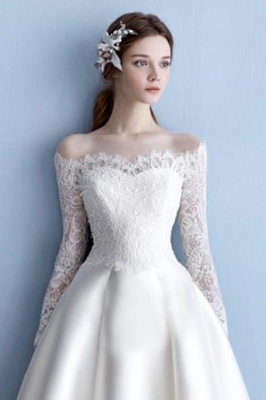Elegant Off the Shoulder Long Sleeve Satin A Line Lace Plus Size Wedding Dress IN638