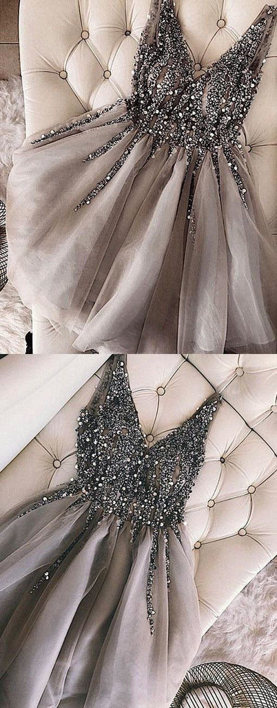 Luxurious Sequins Beaded V-neck Tulle Short Gray Homecoming Dresses INB90