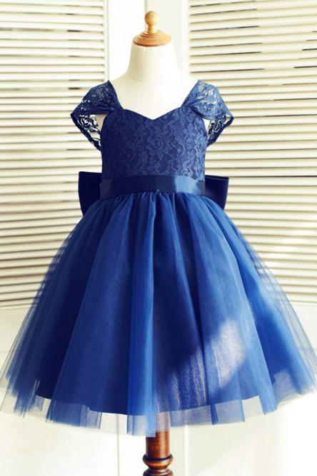 A-Line Square Neck Cap Sleeves Dark Blue Flower Girl Dress with Lace Bowknot INP16