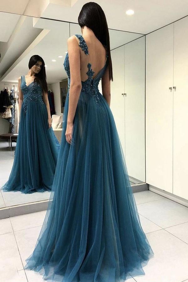 Blue See Through Split Backless Lace Appliques Tulle Long Prom Dress with Beading INB27