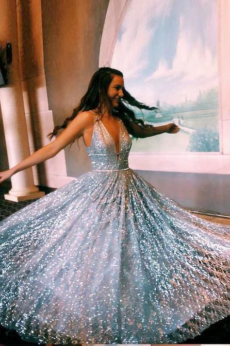 A-line V neck Silver Long Prom Dress Shiny Evening Party Dresses INS25