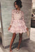 Pink A Line Short Long Sleeves Lace Mini Homecoming Dress INB34
