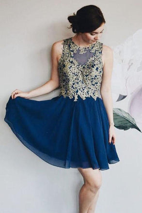 A Line Navy Blue Chiffon Lace Appliques Short Homecoming Dresses INM74