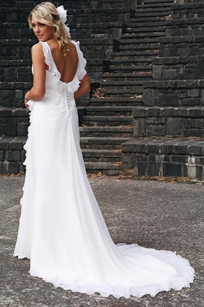 Simple White V-neck Chiffon Ruffles Sleeveless Wedding Dress Bridal Gowns IN596