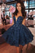 Unique A-Line Sweetheart Dark Blue Lace Short Homecoming Dress with Beading INA90