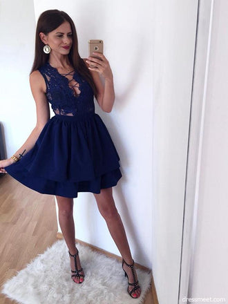 A Line V Neck Royal Blue Lace Appliques Short Homecoming Dresses INM77