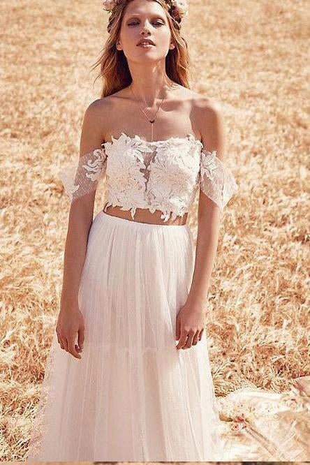 Two Piece Off the Shoulder Cheap Tulle Beach Wedding Dresses INC93