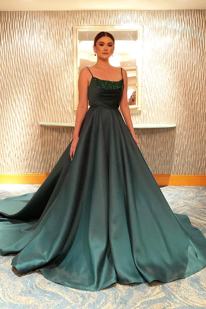 A-line Spaghetti Straps Dark Green Long Prom Dress Evening Dress INS21