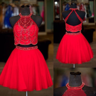 Halter Two Pieces Beaded Royal Blue A-line Tulle Mini Short Homecoming Dresses INC14