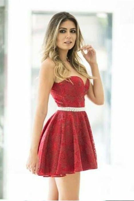 Sexy A-Line Illusion Red Lace Mini Homecoming Dress with Beading INA99