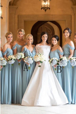 A-Line Cold Shoulder Long Light Blue Chiffon Bridesmaid Dresses with Ruffles INR96