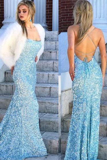 Mermaid Sky Blue Sequins Long Prom Dresses Cheap Evening Dresses INR57