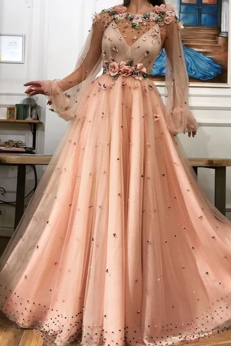 A line Long Sleeves Prom Dresses 3D Flowers Prom Dresses Formal Evening Dress INR44