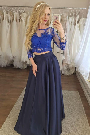 Two Piece 3/4 Sleeves Navy Blue Prom Dress with Royal Blue Lace INI76