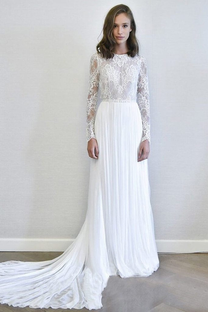 Ivory Long Sleeves A Line Wedding Dresses Chiffon Detachable Bridal Dress INP78