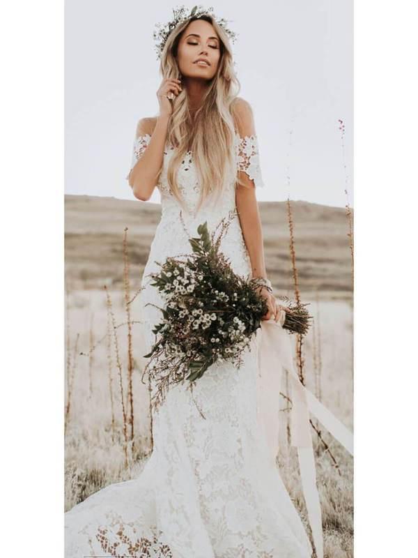 New Arrival Ivory Mermaid Lace Off the Shoulder Beach Wedding Dress INF85