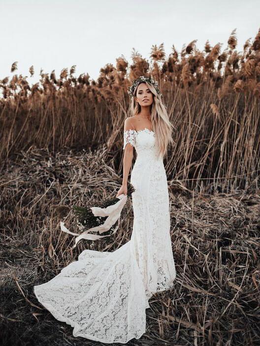 New Arrival Ivory Mermaid Lace Off the Shoulder Beach Wedding Dress INF85