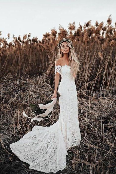New Arrival Ivory Mermaid Lace Off the Shoulder Beach Wedding Dress INF85