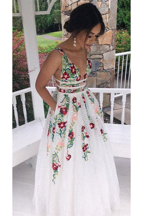 Charming V Neck Floral Embroidery Long Lace Prom Dress with Pocket INJ1