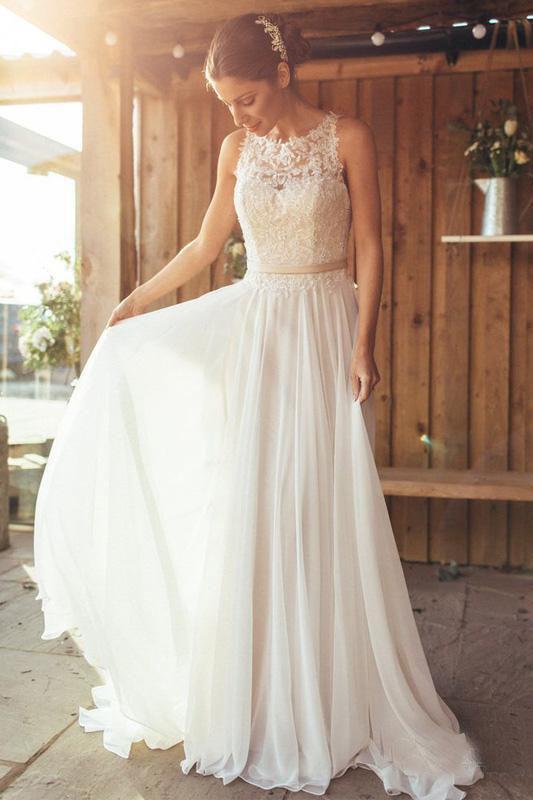 Elegant A-Line Round Neck Chiffon with Lace,Beach Boho Wedding Dresses INM88