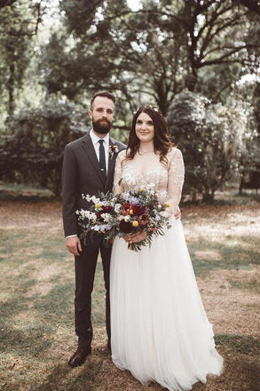 Charming V-neck Long Sleeve Top Lace Long Cheap Wedding Dresses INM86