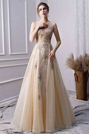A Line Long Prom Dresses With Beading Formal Evening Gown INL30