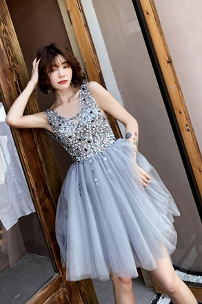 V Neck A Line Beaded Homecoming Dresses, Short Tulle Prom Dress INN59