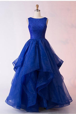 Fashion A-Line Bateau Long Royal Blue Organza Prom Dress with Beading INF64