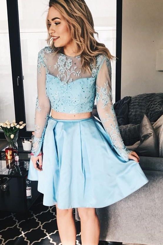 Two Pieces Long Sleeves Sky Blue A Line Short Homecoming Dress INA94