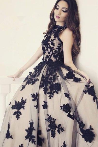 Appliques A-Line Round Neck Black Lace Long Prom Dress IN128