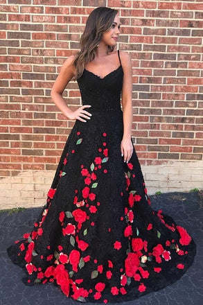 A-Line Spaghetti Straps Black Sweep Train A Line Prom Dress with Flowers INI74
