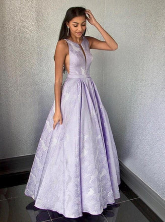A-Line Floor-Length Lilac Printed Prom Dress, Simple Long Evening Dresses INJ12