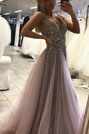 Sexy Side Split leeveless Tulle Evening Dress,Long Beading A Line Prom Dresses IN429